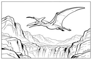 Pteranodon s velkými křídly letí nad pravěkou krajinou. Pod ním kaskádovitě stéká voda přes široký vodopád mezi skalnatými útesy.