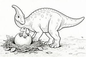 Máma parasaurolophus stojící u hnízda, ve kterém se z velkého vejce líhne malé dinosauří mládě.