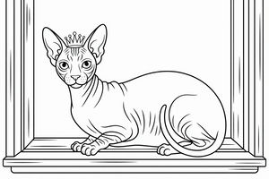 Kočka sphynx s velkýma ušima a malou korunkou na okenním parapetu, detailní kresba