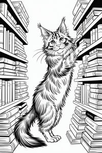 Kočka maine coon stojí na zadních nohách a natahuje se mezi vysokými policemi plnými knih