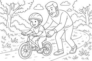 Um pai sorridente inclina-se para apoiar uma criança pequena que anda de bicicleta num caminho de parque. A criança usa capacete e segura o guiador com firmeza enquanto o pai a guia por trás. O fundo mostra um dia ensolarado com árvores.