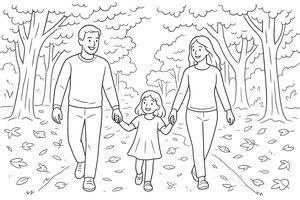 Una famiglia sorridente di tre persone cammina mano nella mano lungo un sentiero nel bosco. Il terreno è cosparso di foglie autunnali e grandi alberi fanno da cornice.