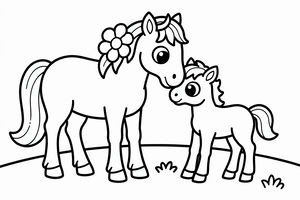 Una mamma cavallo con un grande fiore tra la criniera coccola dolcemente il suo piccolo puledro. Entrambi gli animali poggiano su una linea d'erba in questa illustrazione in bianco e nero per bambini.