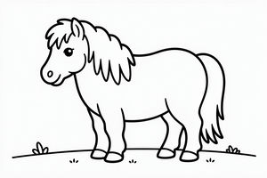 Un disegno a linee in bianco e nero di un piccolo e robusto pony Shetland con una lunga criniera folta e la coda. Il pony sta calmo su una semplice linea di terra con piccoli ciuffi d'erba.