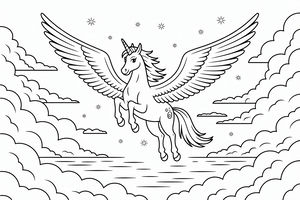 Un maestoso unicorno con grandi ali spiegate vola in un cielo stellato. Sotto la creatura mitica si vedono nuvole soffici e un vasto oceano calmo. Piccole stelle e luccichii circondano il pegaso mentre vola con grazia.