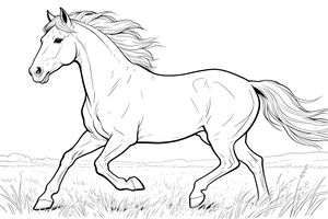 Un grazioso cavallo arabo con criniera e coda fluenti che galoppa attraverso un campo aperto in uno stile di line art dettagliato.