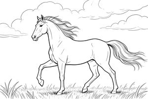 Ein elegantes Araberpferd mit fließender Mähne und Schweif, das anmutig durch eine grüne Wiese unter einem bewölkten Himmel trabt.