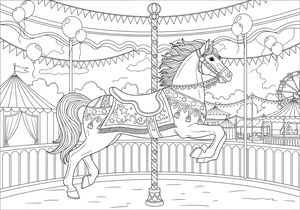 Desenho de linha detalhado de um cavalo de carrossel num poste, rodeado por balões e tendas de carnaval em formato paisagem.