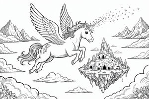 Ein wunderschönes geflügeltes Einhorn mit einem spiralförmigen Horn fliegt durch die Wolken. Darunter ist eine detailreiche schwebende Insel mit kleinen Höhlen und felsigen Klippen zu sehen, umgeben von einem Sternenhimmel.