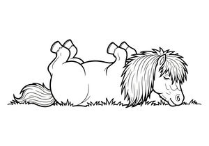 Un simpatico e peloso pony Shetland con una folta criniera che si rotola sulla schiena in un campo d'erba. Il pony ha gli occhi chiusi felicemente e le quattro zampe puntate verso il cielo in uno stile semplice a linee nere e bianche.