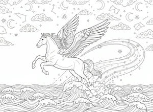 Un disegno al tratto di un Pegaso con una fata sulla schiena, in volo sopra onde stilizzate sotto un cielo notturno. Lo sfondo è ricco di polvere di stelle, lune crescenti e costellazioni tra nuvole morbide.