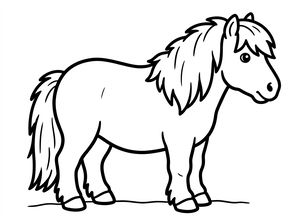 Eine schwarz-weiße Strichzeichnung eines kleinen, flauschigen Shetlandponys, das auf einer einfachen Bodenlinie steht.