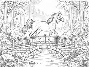 Un elegante cavallo con una lunga criniera che cammina su un ponte di pietra sopra un fiume in una fitta foresta con alberi alti.