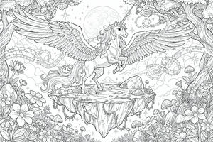 Detailed line art of a winged unicorn with a spiraling horn standing on a floating island. The mythical creature is surrounded by enchanted trees, wildflowers, and mushrooms under a large full moon with sparkling stars in the background.