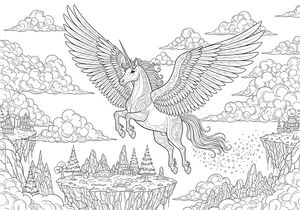 Ein majestätisches Einhorn mit Flügeln und gemustertem Körper fliegt durch einen Himmel voller Wolken. Darunter befinden sich schwebende Felsinseln mit Tannen und kleinen Gebäuden. Eine glitzernde Spur aus Sternen folgt dem Wesen, während es seine großen, gefiederten Flügel ausbreitet.