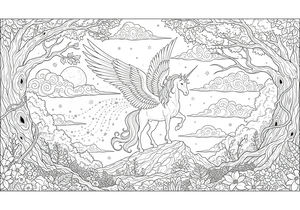 A majestic winged unicorn stands on a hilltop with its wings spread wide. It is surrounded by a mystical forest with old trees, a star-filled sky, and swirling clouds. Tiny stars trail from its tail as it looks out over a field of flowers.