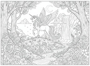 Un maestoso unicorno alato con un corno a spirale si trova su una collina coperta di fiori. Sullo sfondo, una cascata scorre in un ruscello sotto la luna crescente.