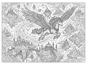 Um desenho linear detalhado de um unicórnio alado a voar sobre ilhas flutuantes. Castelos e pontes intrincadas situam-se nas ilhas, rodeados por nuvens e constelações num vasto céu.
