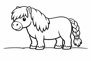 Un amichevole pony Shetland visto di profilo con una folta criniera e una coda accuratamente intrecciata. Il disegno ha linee semplici e marcate su sfondo bianco.