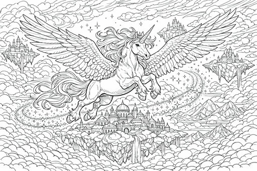 Dibujo lineal de un majestuoso unicornio alado con un cuerno en espiral volando a través de nubes arremolinadas, dejando una estela de polvo de estrellas brillante sobre una gran ciudad flotante con torretas y cascadas, rodeada de otras islas flotantes y montañas distantes.