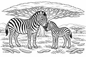Una mamma zebra e il suo piccolo puledro sostano sotto una maestosa acacia nella savana. Le loro strisce bianche e nere contrastano con il paesaggio e le montagne in lontananza.