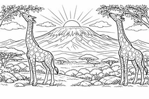 Duas girafas altas esticando seus longos pescoços para comer folhas de árvores na savana africana com o Monte Kilimanjaro e um sol nascente ao fundo.