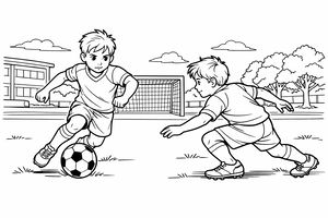 Um jovem jogador de futebol equipado dribla uma bola passando por um adversário num campo de relva. Ao fundo, vê-se uma baliza, a escola e árvores.