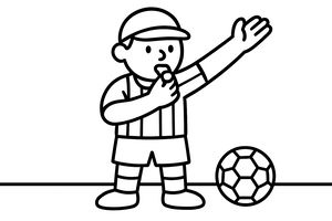 Gambar garis sederhana seorang wasit sepak bola mengenakan seragam bergaris dan topi. Ia meniup peluit dan mengangkat satu tangan. Ada bola sepak dengan pola segi enam di tanah.