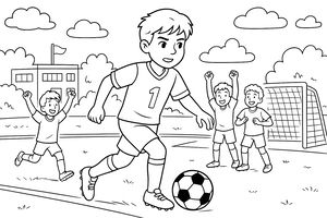 Ein junger Junge im Fußballtrikot dribbelt einen Ball auf einem Schulsportplatz. Seine Mitspieler jubeln mit erhobenen Armen hinter ihm in der Nähe eines Tores und eines Schulgebäudes mit Flagge.
