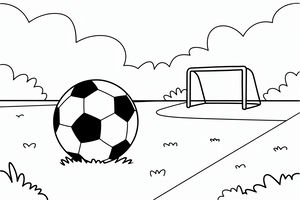 Jednoduchá liniová kresba fotbalového míče v popředí na trávě. V pozadí je fotbalová branka, keře a velké nadýchané mraky. Obrysy jsou silné a pro malé děti snadno sledovatelné.