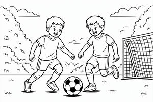 ČErnobílá liniová kresba dvou dětí hrajících fotbal. Obě běží k fotbalovému míči uprostřed, vpravo je vidět branková síť. Pozadí doplňují stromy a mraky.