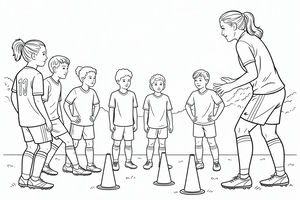 Eine Fußballtrainerin in Sportkleidung steht mit einer Gruppe von Kindern auf einem Fußballplatz. Drei Markierungshütchen stehen im Vordergrund. Die Spieler tragen Trikots und Fußballschuhe, während sie den Anweisungen bei einem Training im Freien lauschen.