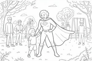 Eine ältere Frau im Superheldenkostüm mit wehendem Umhang steht heroisch neben einem kleinen Jungen in einem Park. Im Hintergrund sind Bäume, Passanten und ein Schaukelgerüst zu sehen.
