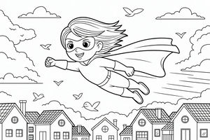 Ein lächelndes Mädchen mit Superheldenmaske und wehendem Umhang fliegt horizontal über eine Reihe von Häusern. Ihr Haar flattert im Wind, während sie eine Faust nach vorne streckt. Vögel und Wolken sind im Hintergrund dieser Linienzeichnung zu sehen.