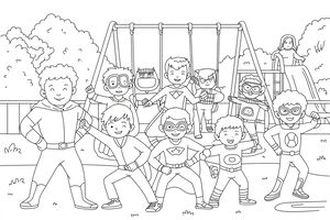 Eine Gruppe von Kindern in Superheldenkostümen, Umhängen und Masken posiert gemeinsam auf einem Spielplatz. Im Hintergrund sind Schaukeln, eine Rutsche sowie üppige Sträucher und Bäume zu sehen.