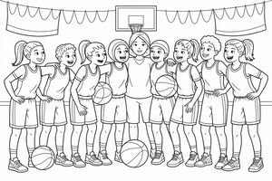 ŘAda mladých basketbalistek v dresech stojí v objetí se svým trenérem. Usmívají se před basketbalovým košem pod visícími transparenty. Obrázek je nakreslen detailními černými linkami.