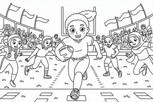 Uma menina com rabo de cavalo encaracolado e sardas corre para a frente segurando uma bola de futebol americano num campo de relva com um estádio ao fundo.