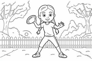 Uśmiechnięta dziewczynka z długimi warkoczykami stoi na trawie w ogrodzie, biorąc zamach do rzutu piłką do futbolu amerykańskiego. Ma na sobie strój sportowy, a za nią widać płot, krzewy i wysokie drzewa.