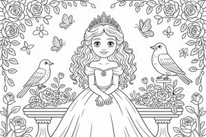 Mladá princezna v drahokamy zdobené korunce a plesových šatech sedí na zdobené mramorové lavičce. Na lavičce sedí dva ptáčci a mezi kvetoucími růžemi poletují motýli.
