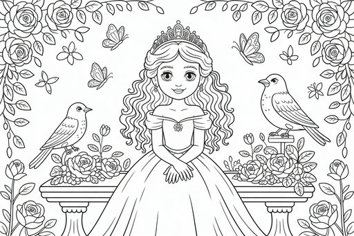 A young princess in a ballgown sits on a stone bench in a rose garden surrounded by butterflies and two birds perched on bushes.