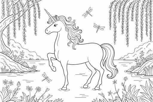Un dessin au trait détaillé d'une licorne à la corne en spirale et à la crinière ondulée debout dans l'eau peu profonde près de fleurs et de branches de saule.