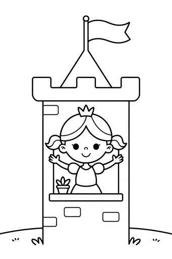 Eine einfache Strichzeichnung einer lächelnden Prinzessin im Fenster eines Schlossturms neben einer kleinen Pflanze.