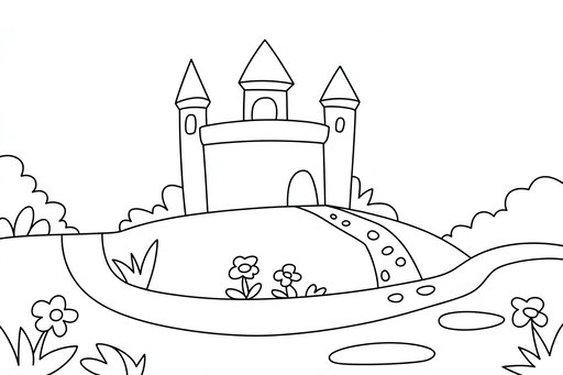Un dessin au trait simple d'un château avec trois tours pointues sur une colline avec un chemin sinueux et des petites fleurs au premier plan.