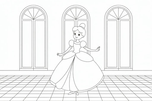 Une princesse avec un chignon et des manches bouffantes tournoyant sur un sol carrelé devant trois fenêtres cintrées.