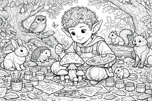 Un garçon elfe aux cheveux bouclés et oreilles pointues utilise un pinceau pour peindre un champignon. Il est entouré d'animaux de la forêt comme un lapin, un hérisson et un renard.