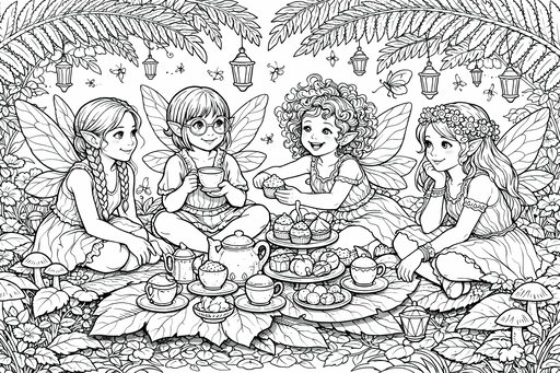 Quatre jeunes fées assises sur de grandes feuilles autour d'un service à thé avec des pâtisseries, entourées de lanternes et de fougères.