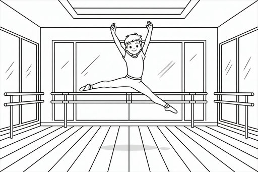 Ein Junge mitten in der Luft bei einem Grand Jeté Sprung in einem Ballettstudio mit Spiegeln und Ballettstange.