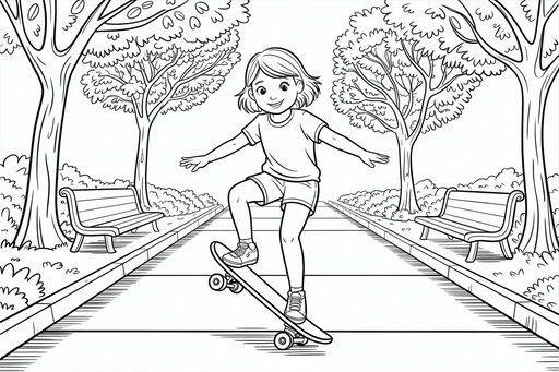 Sort-hvid tegning af en pige, der hopper med sit skateboard på en gangsti omgivet af træer og bænke.