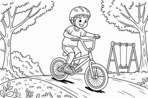 Ein glücklicher Junge mit Schutzhelm fährt mit einem BMX-Fahrrad einen kleinen Hügel auf einem Parkweg hinunter. Im Hintergrund sind große Bäume und ein Schaukelgerüst zu sehen.