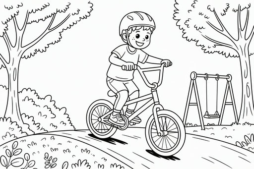 ČRno-bela risba mladega dečka z zaščitno čelado, ki vozi BMX kolo po poti v parku z drevesi in gugalnico.